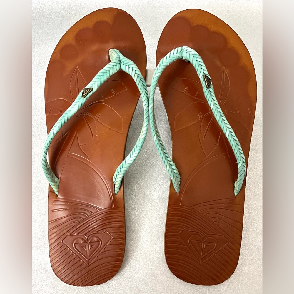 Women’s ROXY Fish Braid Thin Strap Flip Flops Aqua Green Ombe Leather Sole 7